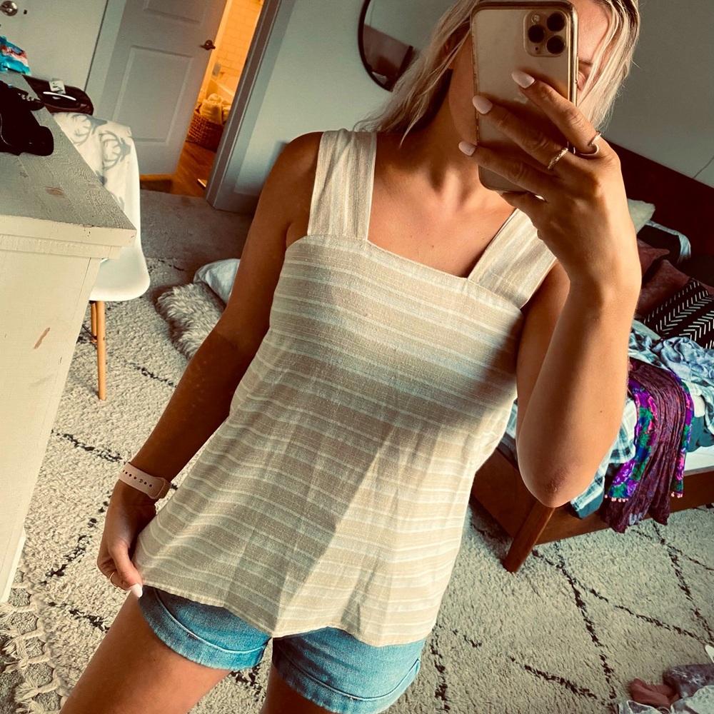 Beige & White Striped Linen Tank